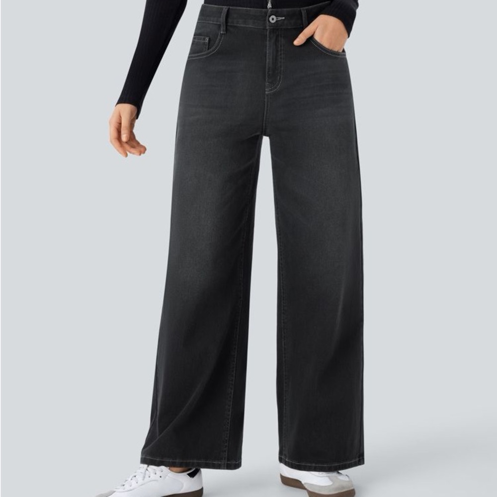 Halara Flex Low Rise Zipper Pockets Washed Baggy Wide Leg Casual Jeans